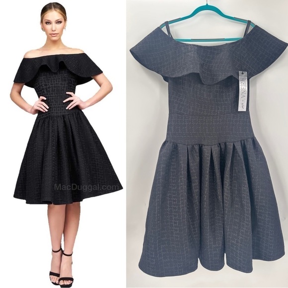 Ieena MacDuggal Black Ruffle Off The Shoulder Formal Dress Size 12 NEW - Picture 1 of 3